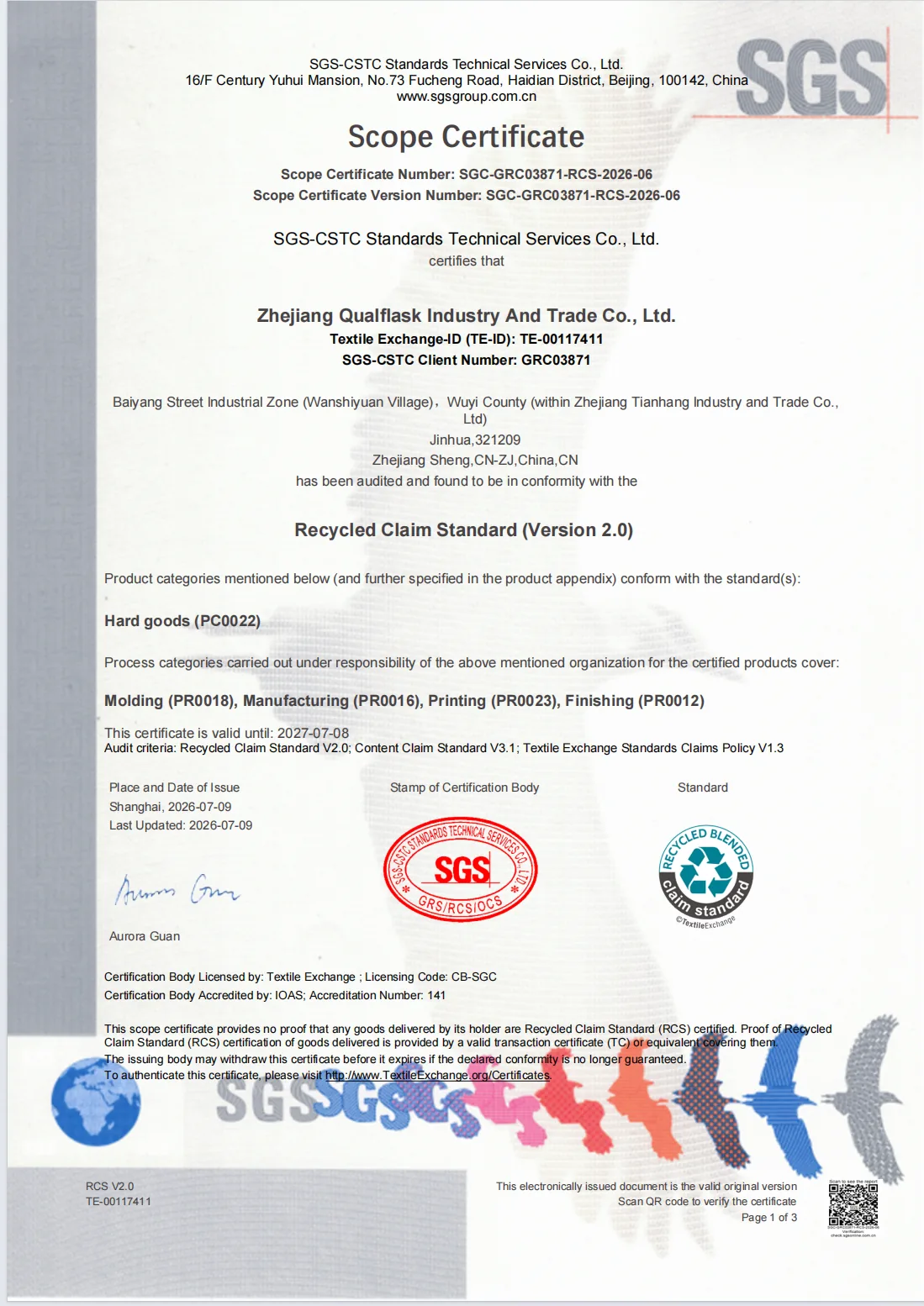 SGS Recycled Claim Standard scope certificate